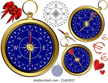 Gold compass for your business. Large, with a heart, with a bow, with an euro.