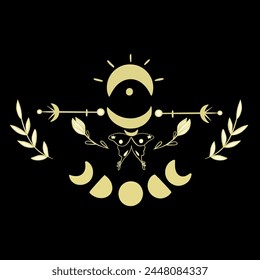 Gold composition on a black background in the form of flowers, plants, leaves, a butterfly and astronomical elements (the moon and its phases)
