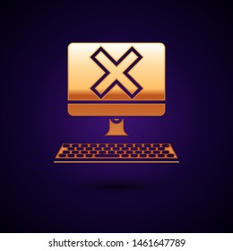 Gold Computer with keyboard and x mark icon isolated on dark blue background. Error window, exit button, cancel, 404 error page not found concept.  Vector Illustration