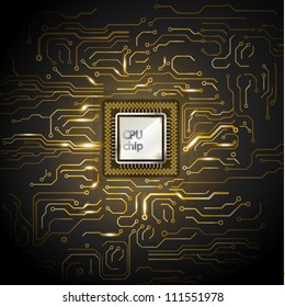 Gold computer microcircuit. Illustration on black background for design