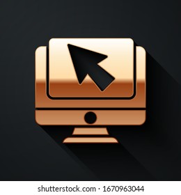 Gold Computer monitor and cursor icon isolated on black background. Computer notebook with empty screen sign. Long shadow style. Vector Illustration