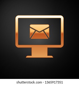 Gold Computer monitor and envelope, new message, mail, email icon isolated on black background. Usage for e-mail newsletters, headers, blog posts. Vector Illustration
