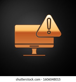 Gold Computer monitor with exclamation mark icon isolated on black background. Alert message smartphone notification.  Vector Illustration