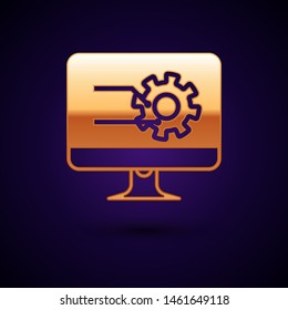 Gold Computer monitor with graph chart icon isolated on dark blue background. Report text file icon. Accounting sign. Audit, analysis, planning.  Vector Illustration