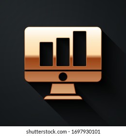 Gold Computer monitor with graph chart icon isolated on black background. Report text file. Accounting sign. Audit, analysis, planning. Long shadow style. Vector Illustration