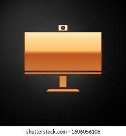 Gold Computer monitor icon isolated on black background. PC component sign.  Vector Illustration