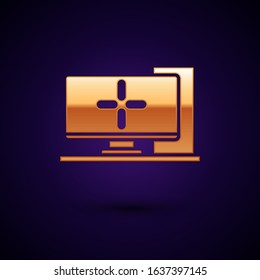 Gold Computer monitor icon isolated on dark blue background. PC component sign.  Vector Illustration