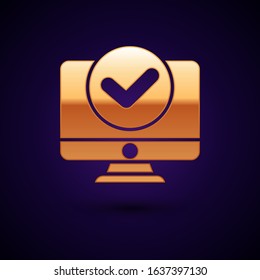 Gold Computer monitor screen icon isolated on dark blue background. Electronic device. Front view.  Vector Illustration