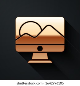 Gold Computer monitor screen icon isolated on black background. Electronic device. Front view. Long shadow style. Vector Illustration