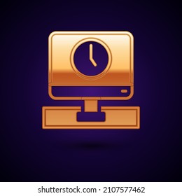Gold Computer monitor time icon isolated on black background. Electronic device. Front view.  Vector