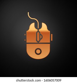 Gold Computer mouse gaming icon isolated on black background. Optical with wheel symbol.  Vector Illustration