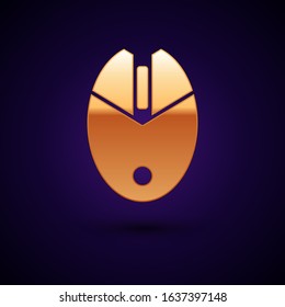 Gold Computer mouse gaming icon isolated on dark blue background. Optical with wheel symbol.  Vector Illustration