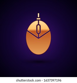 Gold Computer mouse gaming icon isolated on dark blue background. Optical with wheel symbol.  Vector Illustration