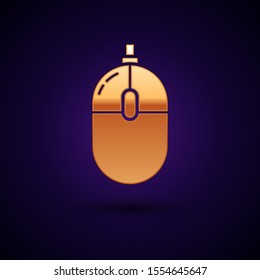 Gold Computer mouse icon isolated on dark blue background. Optical with wheel symbol.  Vector Illustration