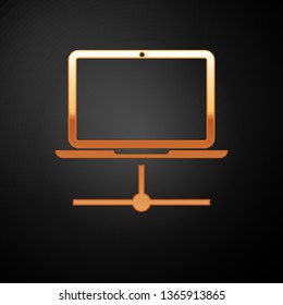 Gold Computer network icon isolated on black background. Laptop network. Internet connection. Vector Illustration
