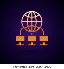 Gold Computer network icon isolated on black background. Laptop network. Internet connection.  Vector Illustration
