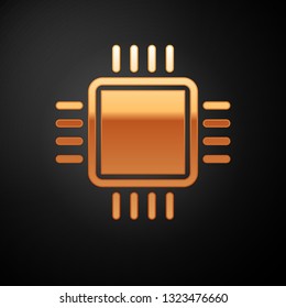 Gold Computer processor with microcircuits CPU icon isolated on black background. Chip or cpu with circuit board sign. Micro processor. Vector Illustration