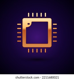 Gold Computer Processor With Microcircuits CPU Icon Isolated On Black Background. Chip Or Cpu With Circuit Board. Micro Processor.  Vector