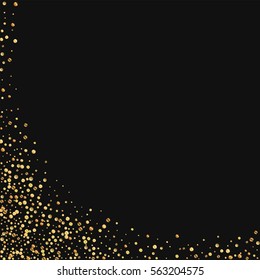 Gold confetti. Abstract left bottom corner with gold confetti on black background. Vector illustration.