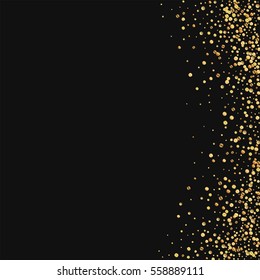 Gold confetti. Abstract right border with gold confetti on black background. Vector illustration.