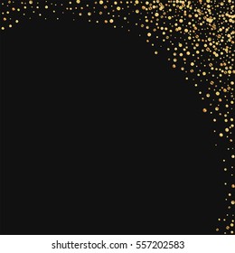 Gold confetti. Abstract right top corner with gold confetti on black background. Vector illustration.