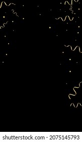 Gold Confetti Anniversary Vector Black Background. Flying Serpentine Illustration. Spiral Festive Design. Yellow Isolated Invitation.