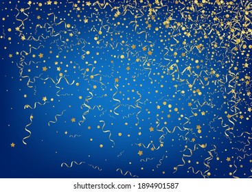 Gold Confetti Anniversary Vector Blue Background. Flying Ribbon Illustration. Star Paper Plant. Golden Happy Branch.