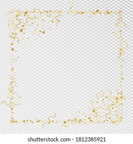 Gold Confetti Anniversary Vector Transparent Background. Flying Spiral Plant. Ribbon Party Invitation. Golden Celebrate Poster.