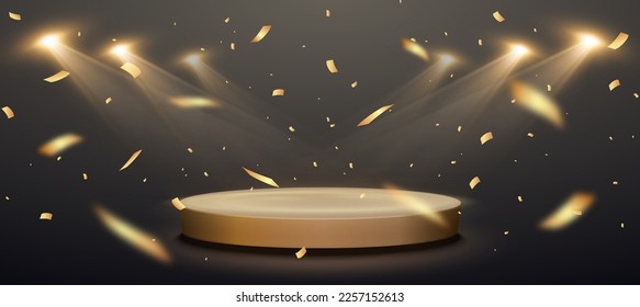 Gold confetti with award podium and spotlights. Winner vector background 