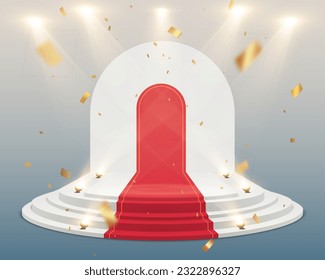 Gold confetti with award podium and spotlights. Winner vector background 