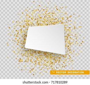 Gold confetti background. Bubble for text. Vector illustration with transparency effect