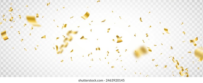 Gold confetti background. Celebrate event card. Glitter falling paper. Anniversary party. Carnival serpentine and tinsel poster. Festive birthday surprise decoration. Vector illustration.