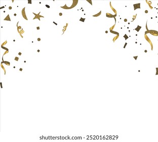 Fundo de confete dourado. Comemore o cartão do evento. Papel brilhante caindo. Festa de aniversário. Serpentina e cartaz de carnaval. Festivo aniversário decoração surpresa. Ilustração vetorial.