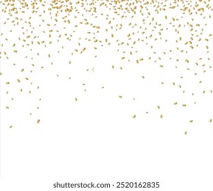 Gold confetti background. Celebrate event card. Glitter falling paper. Anniversary party. Carnival serpentine and tinsel poster. Festive birthday surprise decoration. Vector illustration.