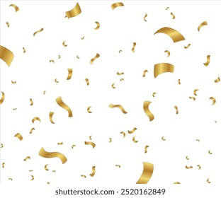 Gold confetti background. Celebrate event card. Glitter falling paper. Anniversary party. Carnival serpentine and tinsel poster. Festive birthday surprise decoration. Vector illustration.