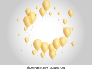 Gold Confetti Hintergrund Grau Vektorgrafik. Ballon-Multifunktionskarte. Gelber Baloon einzeln. Helium-Regenbogengrenze.