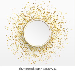 Gold confetti background. Paper white bubble for text.