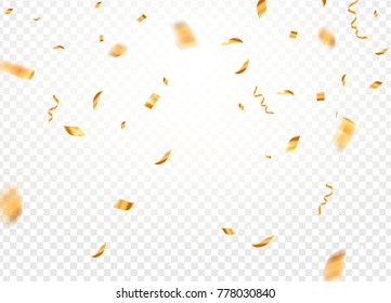 Gold confetti background vector. Gold confetti falling festive decoration for birthday party celebration.