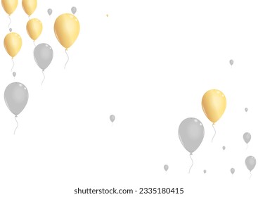 Gold Confetti Background White Vector. Ballon Label Set. Yellow Festival Balloon. Surprise Fun Template.