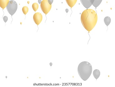 Gold Confetti Background White Vector. Helium Present Design. Golden Festive Ballon. Baloon Decoration Border.