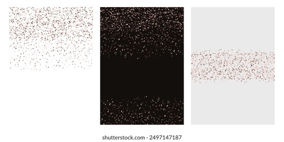 Gold confetti Banners set of three sheets. Rose gold sparkling confetti Vector flyer design templates for wedding, invitation cards, business brochure design.