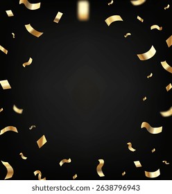 Gold confetti birthday background. Golden ribbons and confetti party pattern. Congratulations black banner Gift vector illustration.