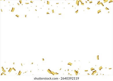 Gold confetti birthday background. Golden ribbons, stars and confetti party pattern. Congratulations banner with copy space, Gift elegant vector illustration, shiny golden paper pieces fly and spread.