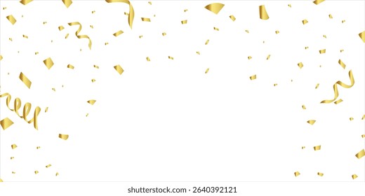 Gold confetti birthday background. Golden ribbons, stars and confetti party pattern. Congratulations banner with copy space, Gift elegant vector illustration, shiny golden paper pieces fly and spread.