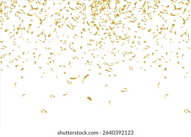 Gold confetti birthday background. Golden ribbons, stars and confetti party pattern. Congratulations banner with copy space, Gift elegant vector illustration, shiny golden paper pieces fly and spread.