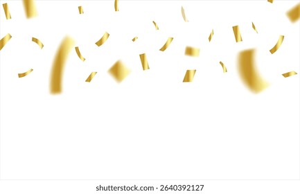 Gold confetti birthday background. Golden ribbons, stars and confetti party pattern. Congratulations banner with copy space, Gift elegant vector illustration, shiny golden paper pieces fly and spread.