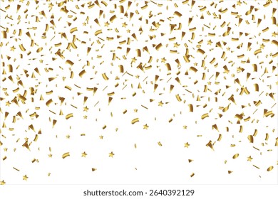 Gold confetti birthday background. Golden ribbons, stars and confetti party pattern. Congratulations banner with copy space, Gift elegant vector illustration, shiny golden paper pieces fly and spread.