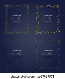 Gold confetti border frames. Golden glitter sparkles design. Trendy templates for banner, flyer, wedding invitation
