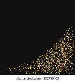 Gold confetti. Bottom right corner with gold confetti on black background. Vector illustration.