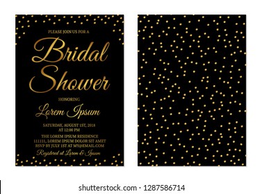 Gold confetti bridal shower invitation card front and back side. Wedding stationery. Golden glittering polka dots bridal or bachelorette party invite. Vector illustration.